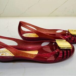 Salvatore Ferragamo Red Jelly Flats with Gold Buckle